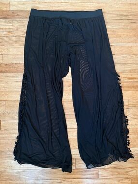 Black Semi-Sheet Pom-Trim Wide Leg Coverup Swim Pants